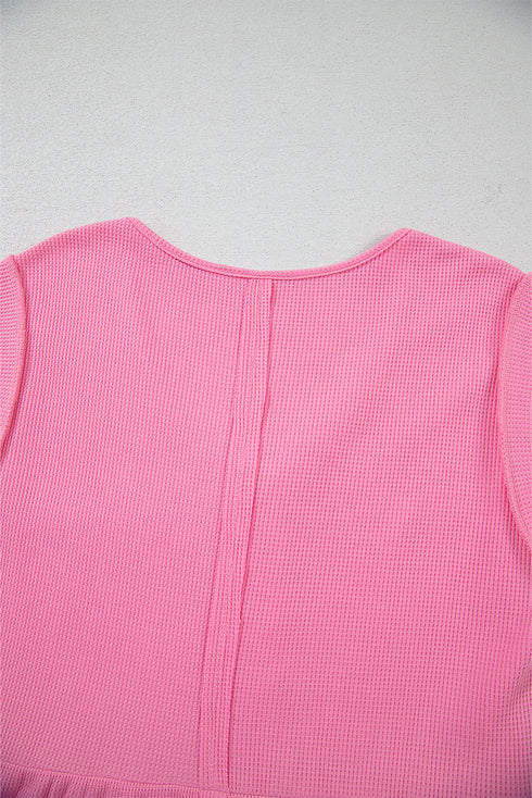 Bright Pink Waffle Textured Button Round Neck A-line Tiered Sleeveless Dress
